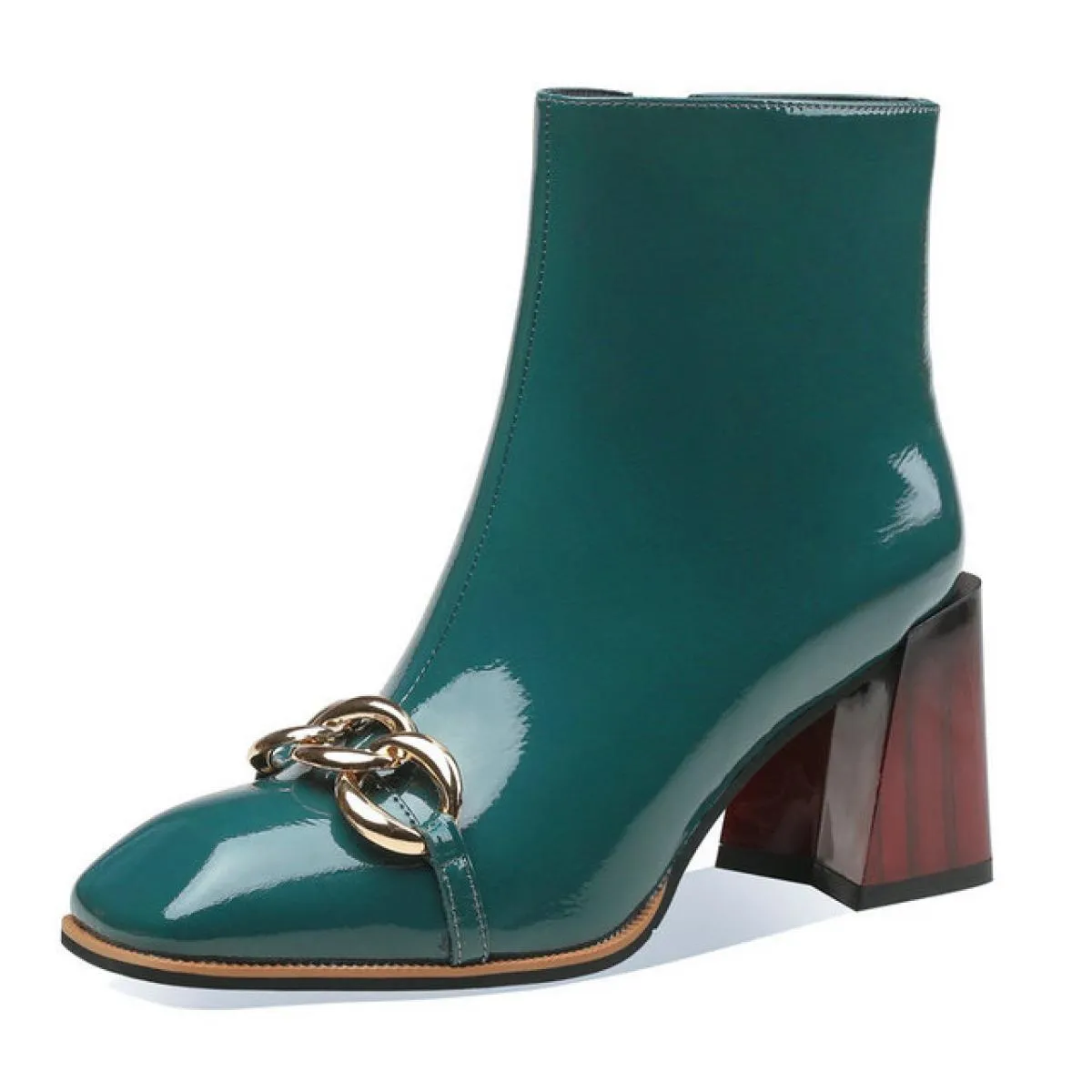 Stivaletti da donna Autunno Inverno Ufficio da donna Punta quadrata Tacchi alti spessi Pelle verniciata Catena di moda Scarpe da