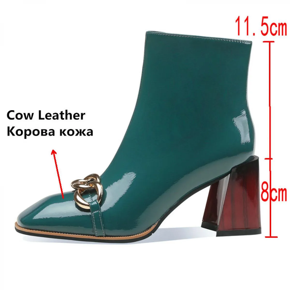 Stivaletti da donna Autunno Inverno Ufficio da donna Punta quadrata Tacchi alti spessi Pelle verniciata Catena di moda Scarpe da