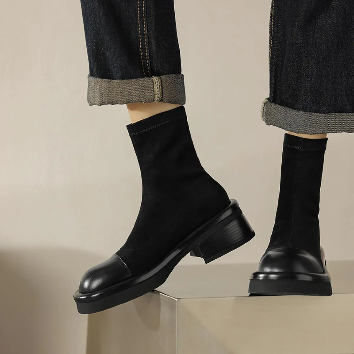Stivaletti da donna Autunno Inverno Vera pelle Casual Piattaforma Tacchi alti spessi Slip On Scarpe Donna Stretch Taglia 34 42