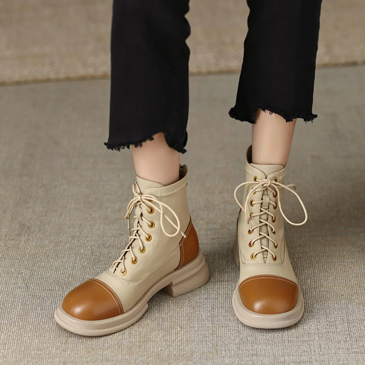 Stivaletti da donna stile punk colori misti piattaforme in vera pelle tacchi spessi medi scarpe da moto donna autunno inverno