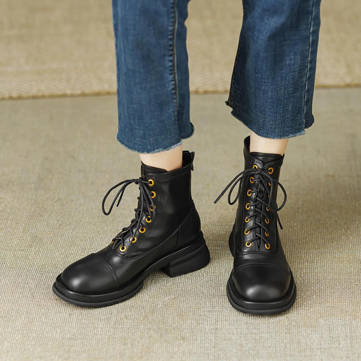 Stivaletti da donna stile punk colori misti piattaforme in vera pelle tacchi spessi medi scarpe da moto donna autunno inverno