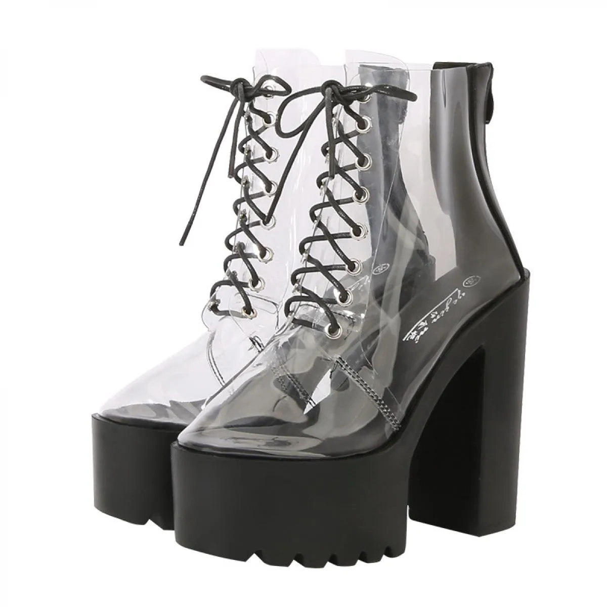 Stivaletti in PVC con plateau spesso da donna Tacco quadrato grosso Tacco alto bianco Punta tonda Scarpe femminili Concise Moder