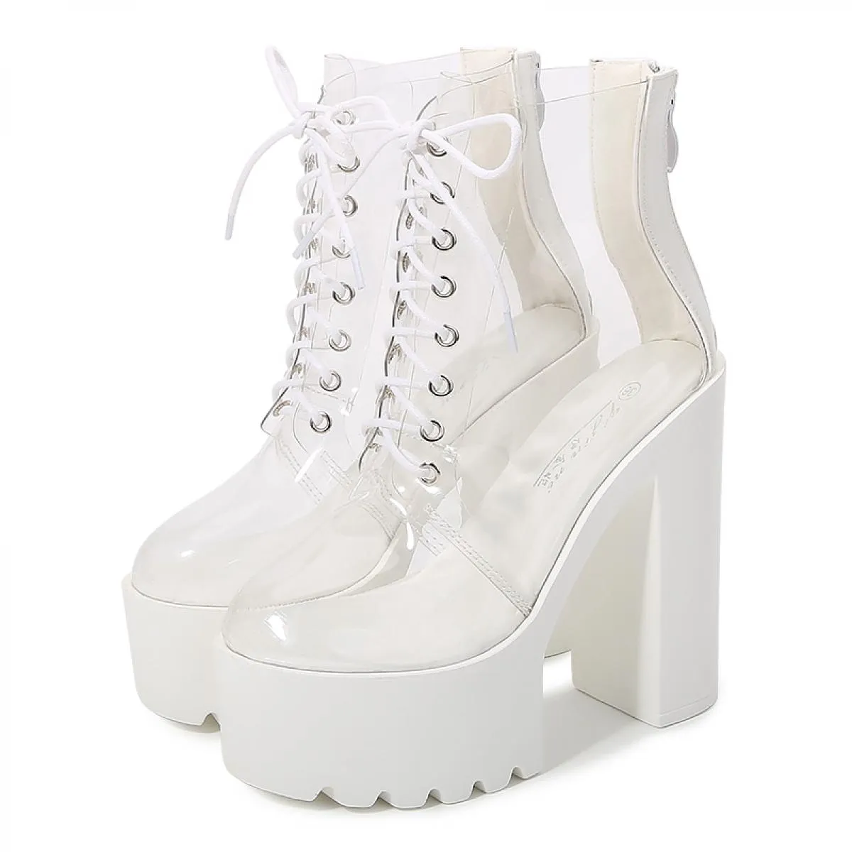 Stivaletti in PVC con plateau spesso da donna Tacco quadrato grosso Tacco alto bianco Punta tonda Scarpe femminili Concise Moder