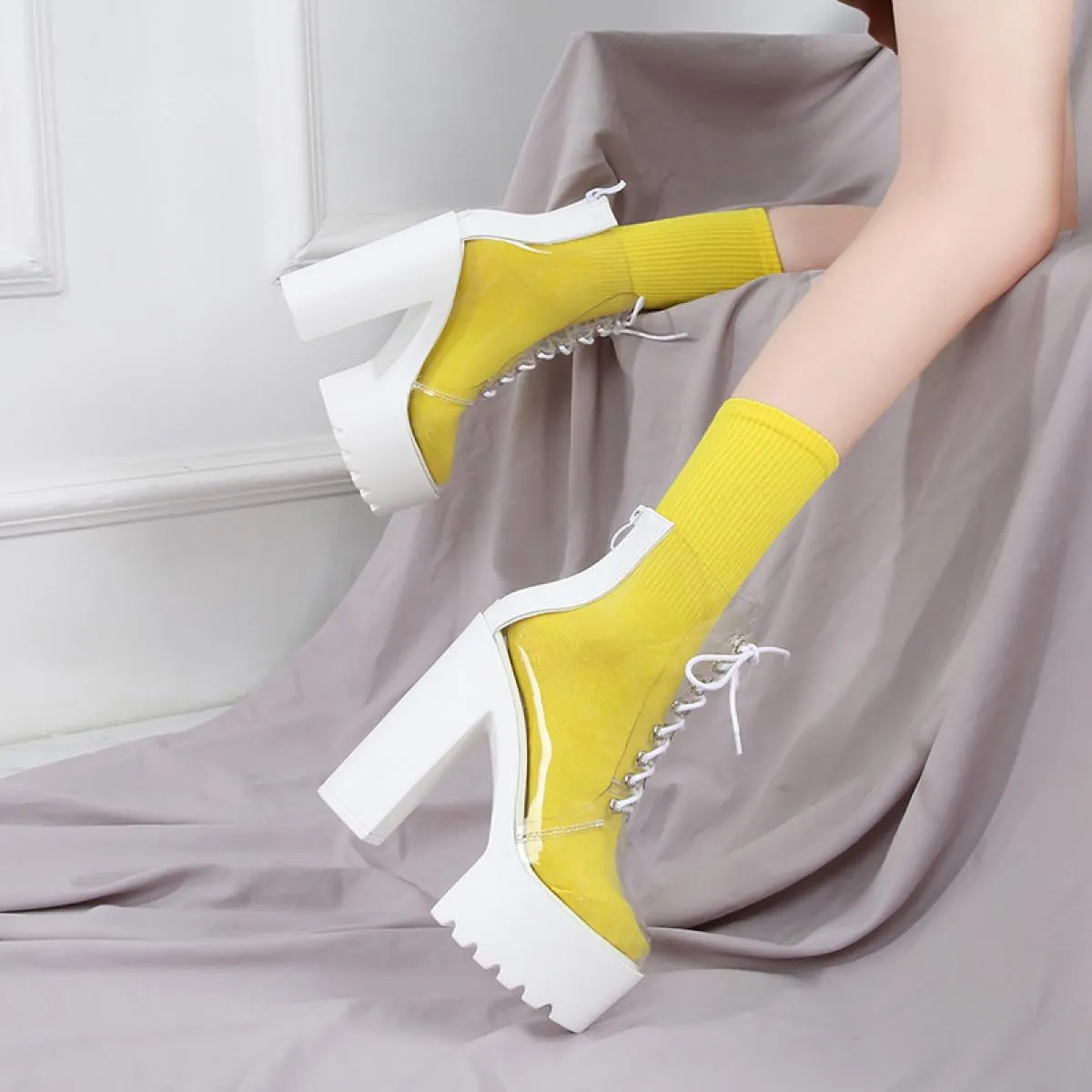 Stivaletti in PVC con plateau spesso da donna Tacco quadrato grosso Tacco alto bianco Punta tonda Scarpe femminili Concise Moder
