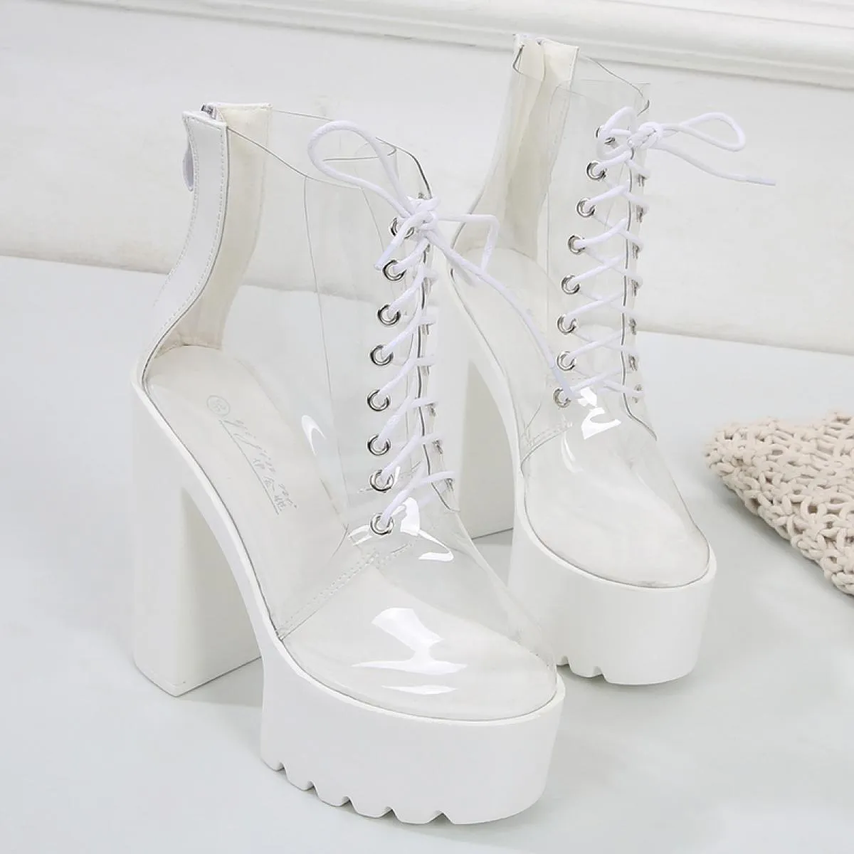 Stivaletti in PVC con plateau spesso da donna Tacco quadrato grosso Tacco alto bianco Punta tonda Scarpe femminili Concise Moder