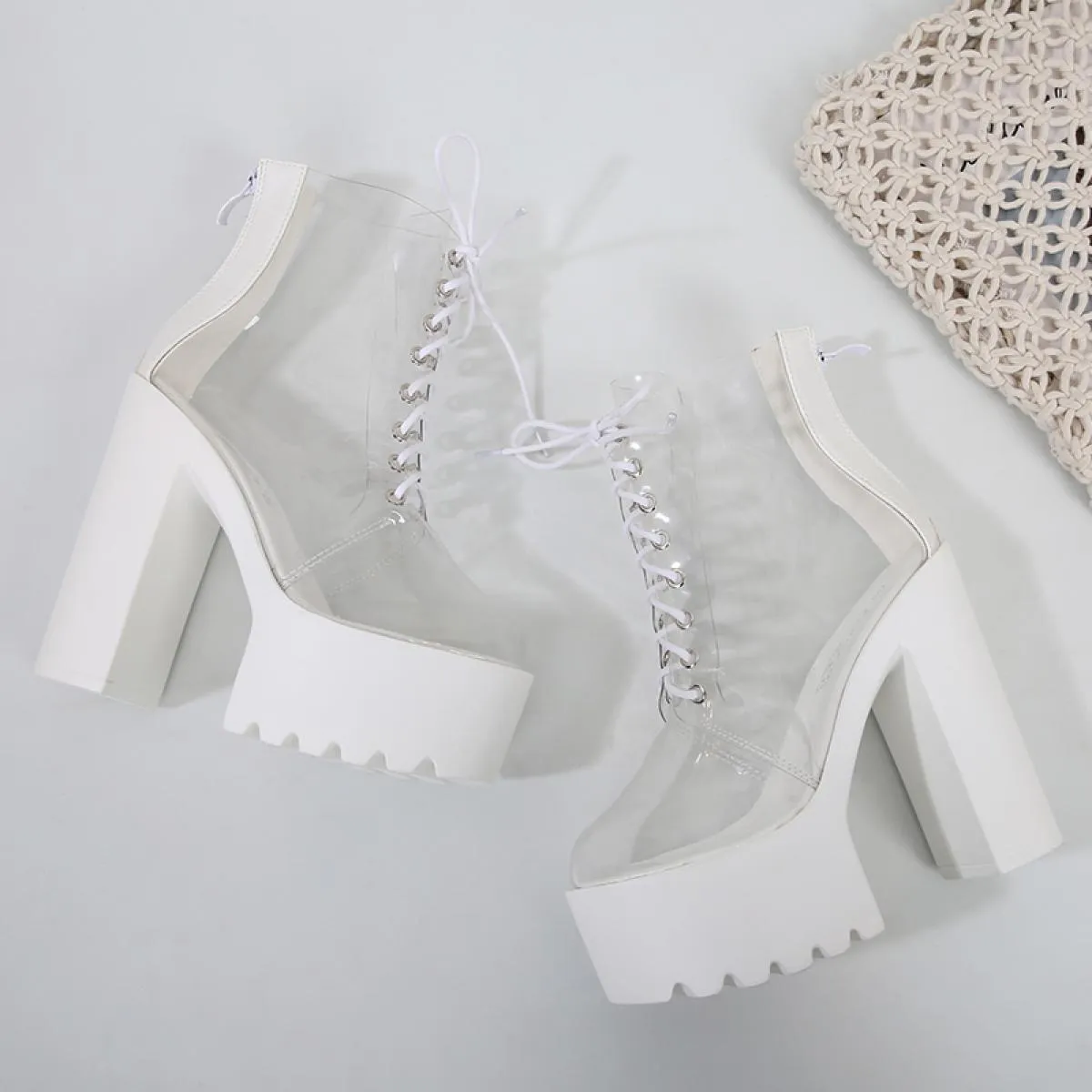 Stivaletti in PVC con plateau spesso da donna Tacco quadrato grosso Tacco alto bianco Punta tonda Scarpe femminili Concise Moder