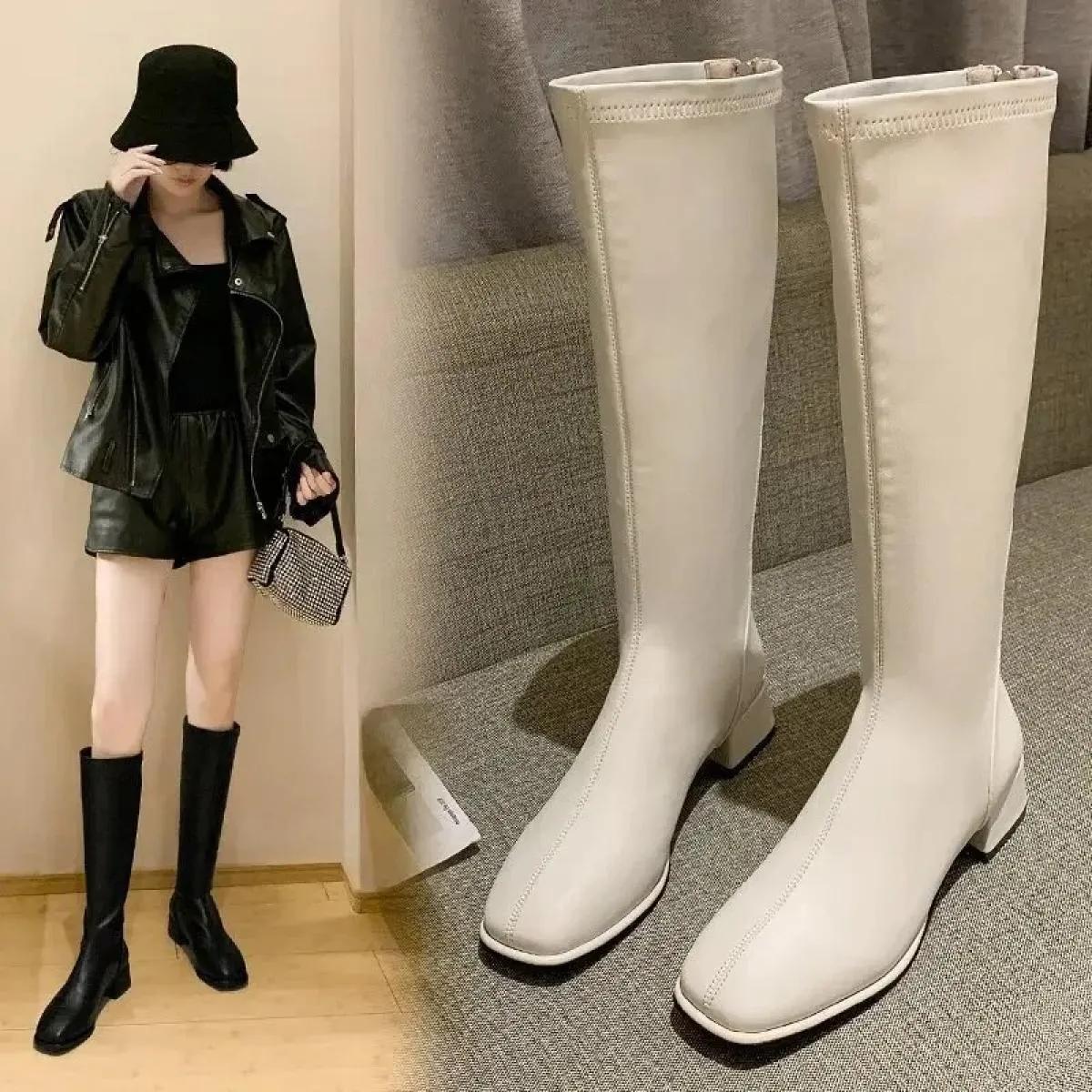 Stivali alti al ginocchio da donna Stivali da cavaliere in pelle femminile Stivaletti Tacchi alti da donna Scarpe autunnali bian