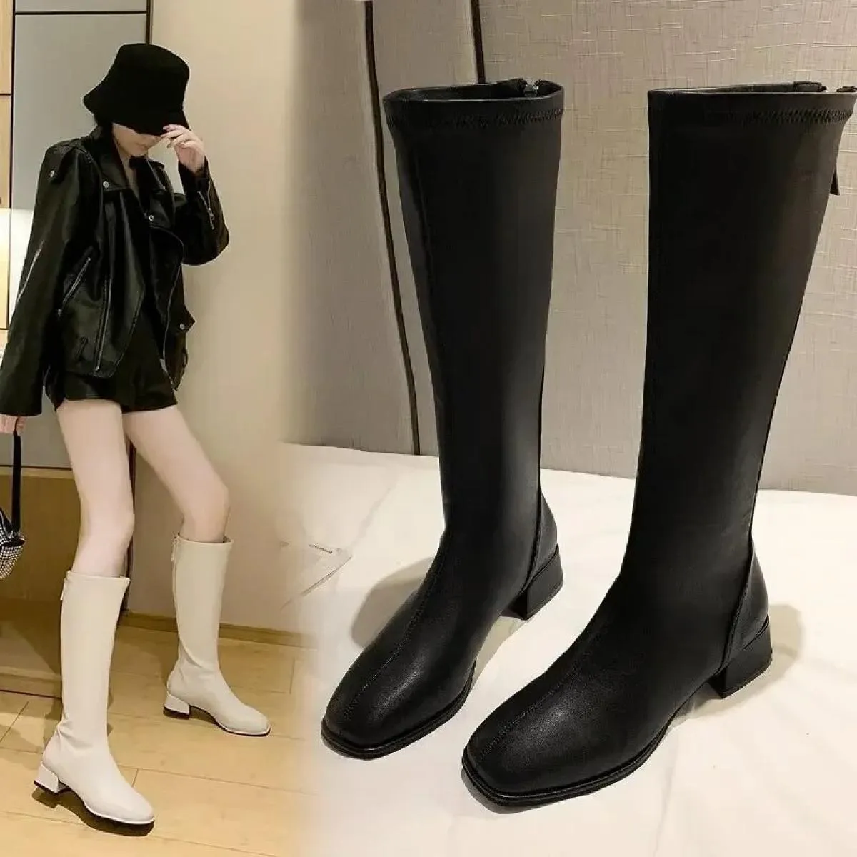 Stivali alti al ginocchio da donna Stivali da cavaliere in pelle femminile Stivaletti Tacchi alti da donna Scarpe autunnali bian