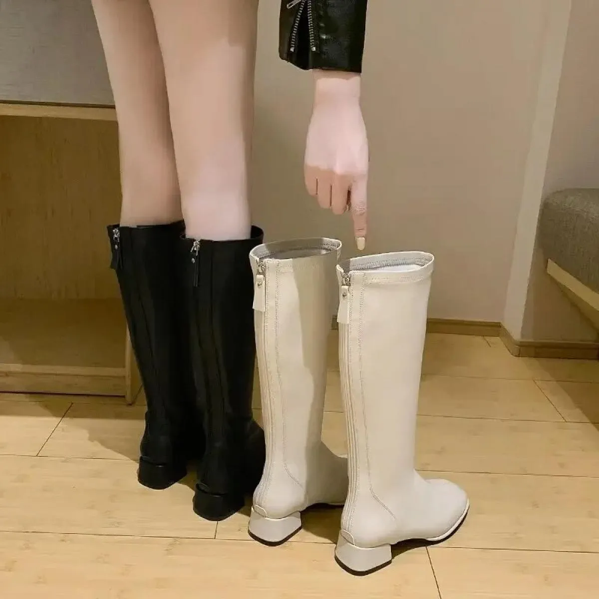 Stivali alti al ginocchio da donna Stivali da cavaliere in pelle femminile Stivaletti Tacchi alti da donna Scarpe autunnali bian