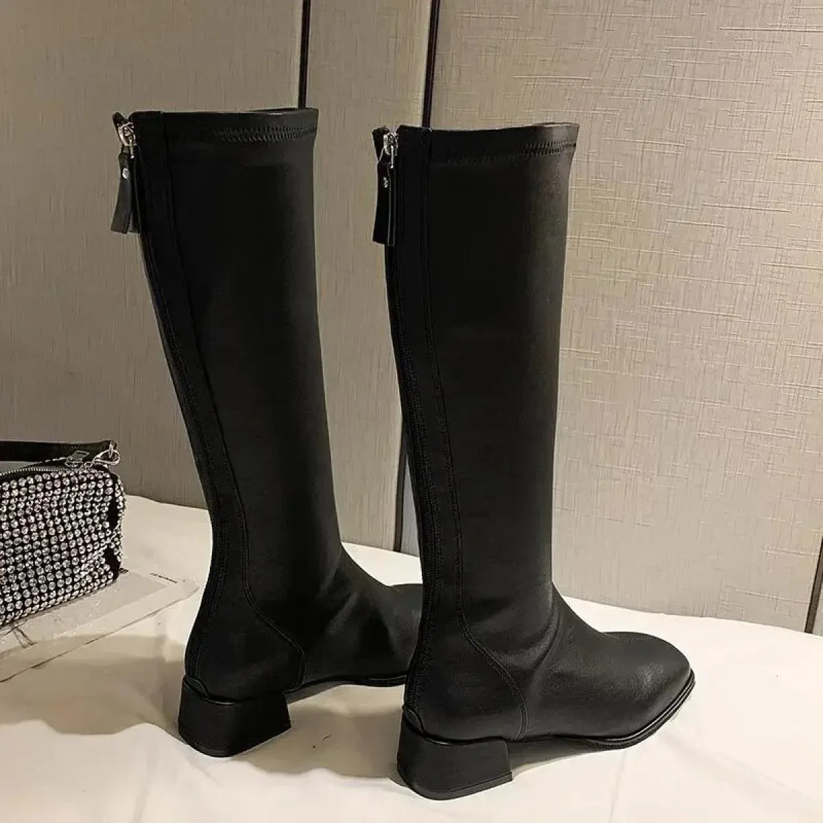 Stivali alti al ginocchio da donna Stivali da cavaliere in pelle femminile Stivaletti Tacchi alti da donna Scarpe autunnali bian
