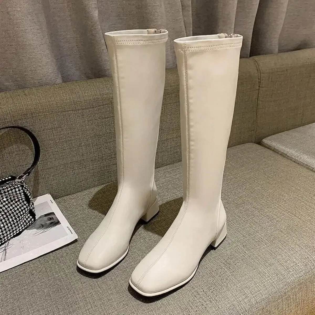 Stivali alti al ginocchio da donna Stivali da cavaliere in pelle femminile Stivaletti Tacchi alti da donna Scarpe autunnali bian