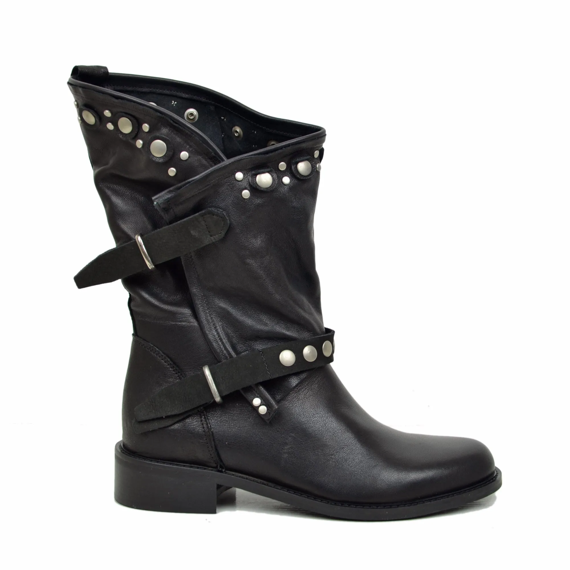 Stivali Donna Biker Estivi Neri in Pelle con Borchie e Zip