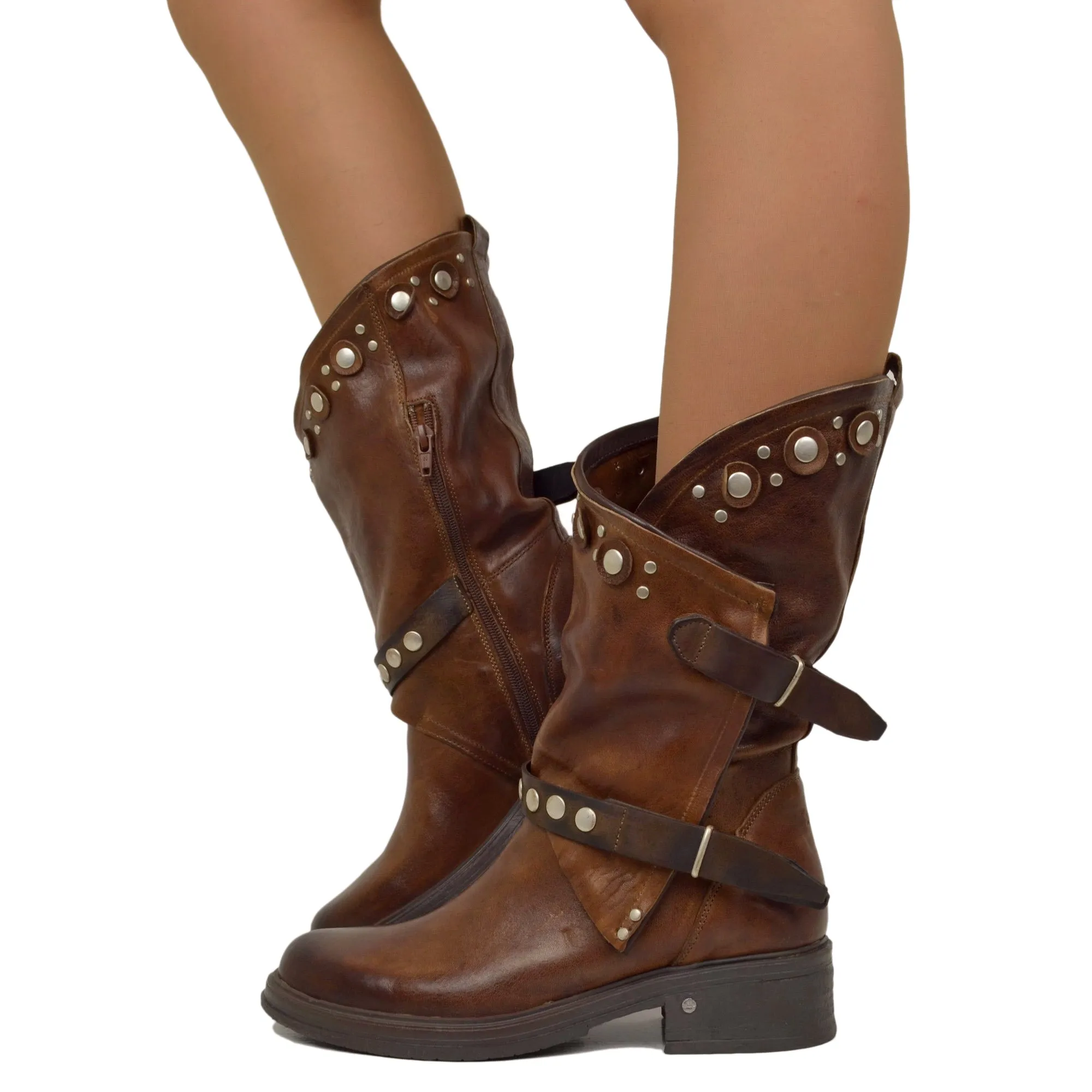 Stivali Donna Biker Marroni Pelle con Borchie e Zip Made in Italy