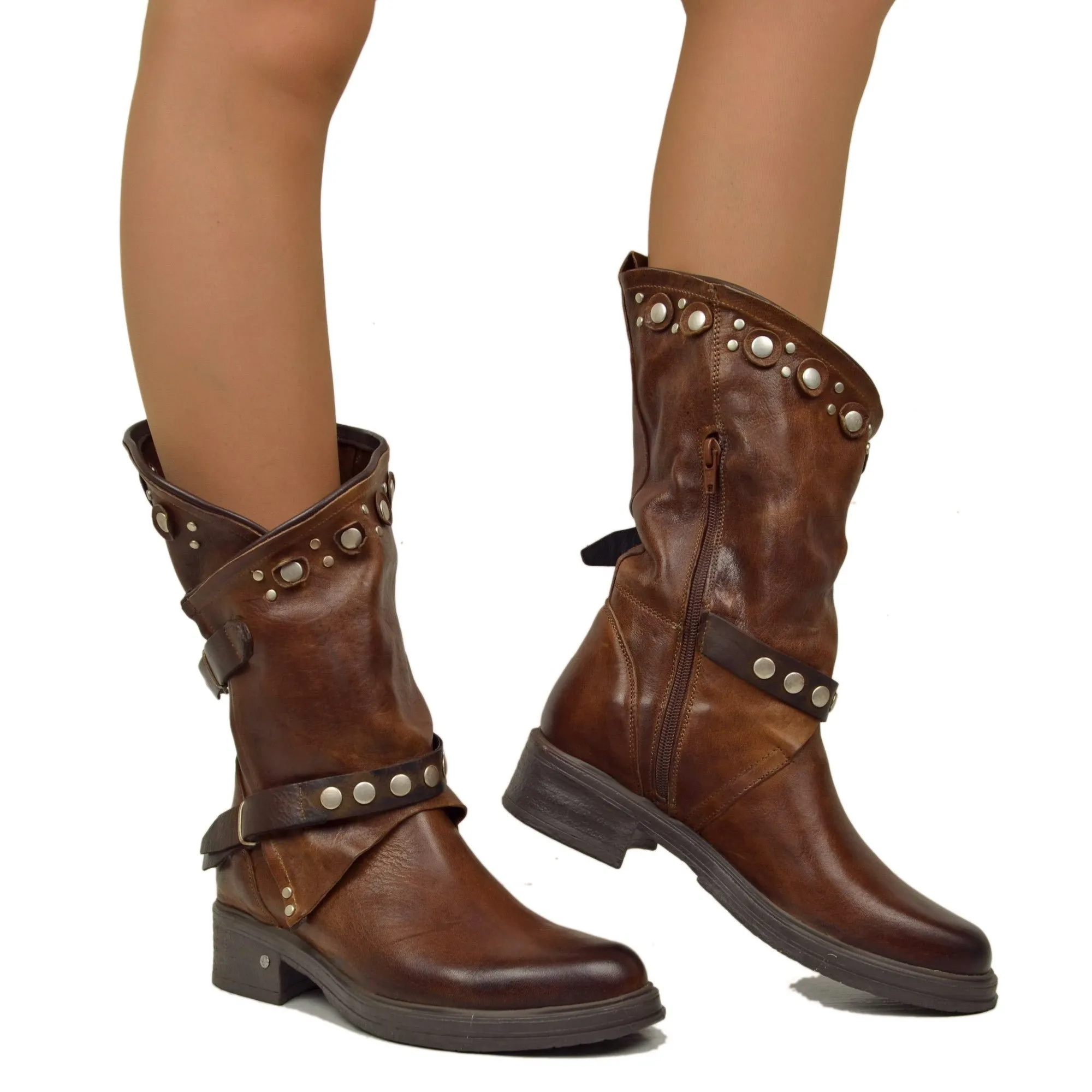 Stivali Donna Biker Marroni Pelle con Borchie e Zip Made in Italy