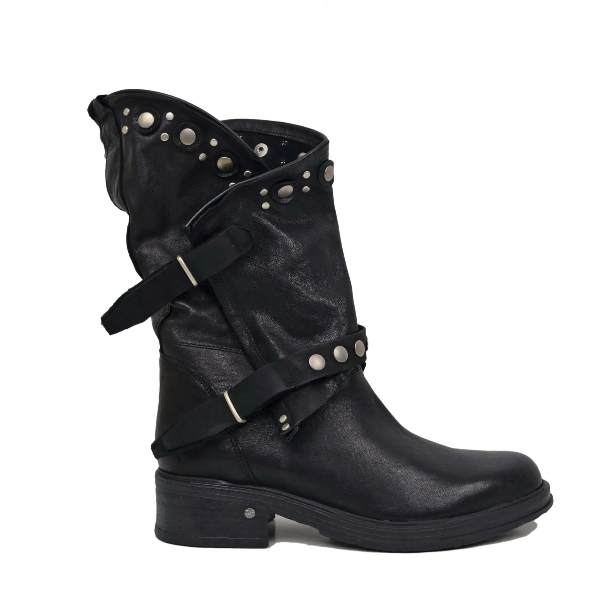 Stivali Donna Biker Neri in Pelle con Borchie e Zip Made in Italy