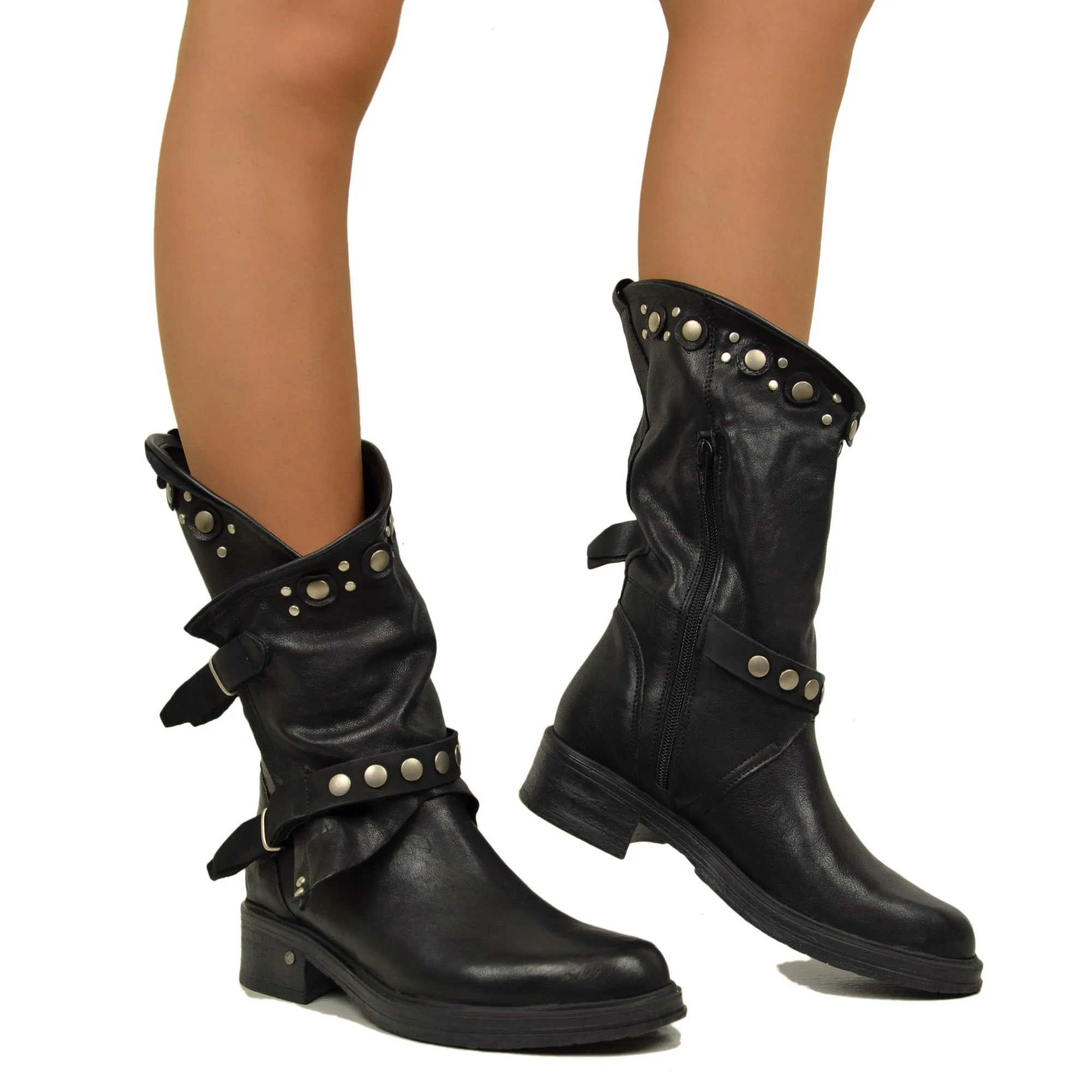 Stivali Donna Biker Neri in Pelle con Borchie e Zip Made in Italy