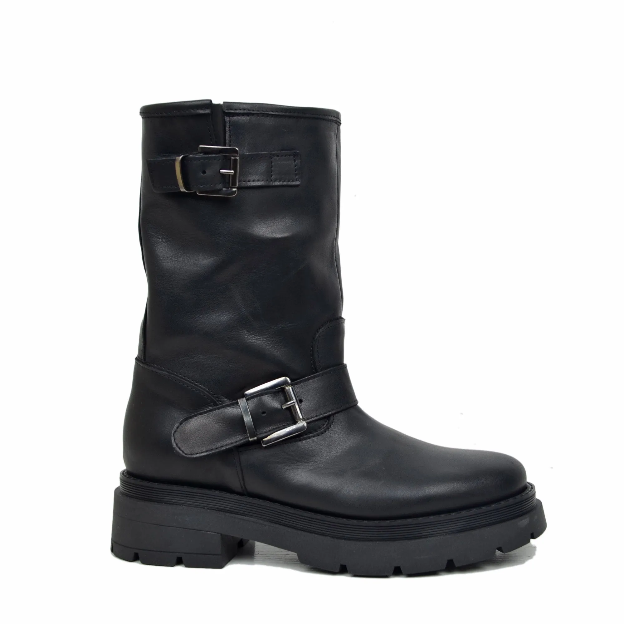 Stivali Donna Biker Neri in Pelle con Fibbie Made in italy
