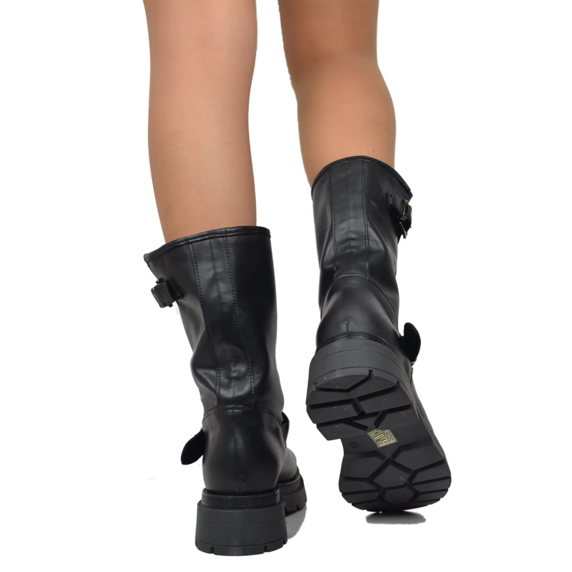 Stivali Donna Biker Neri in Pelle con Fibbie Made in italy