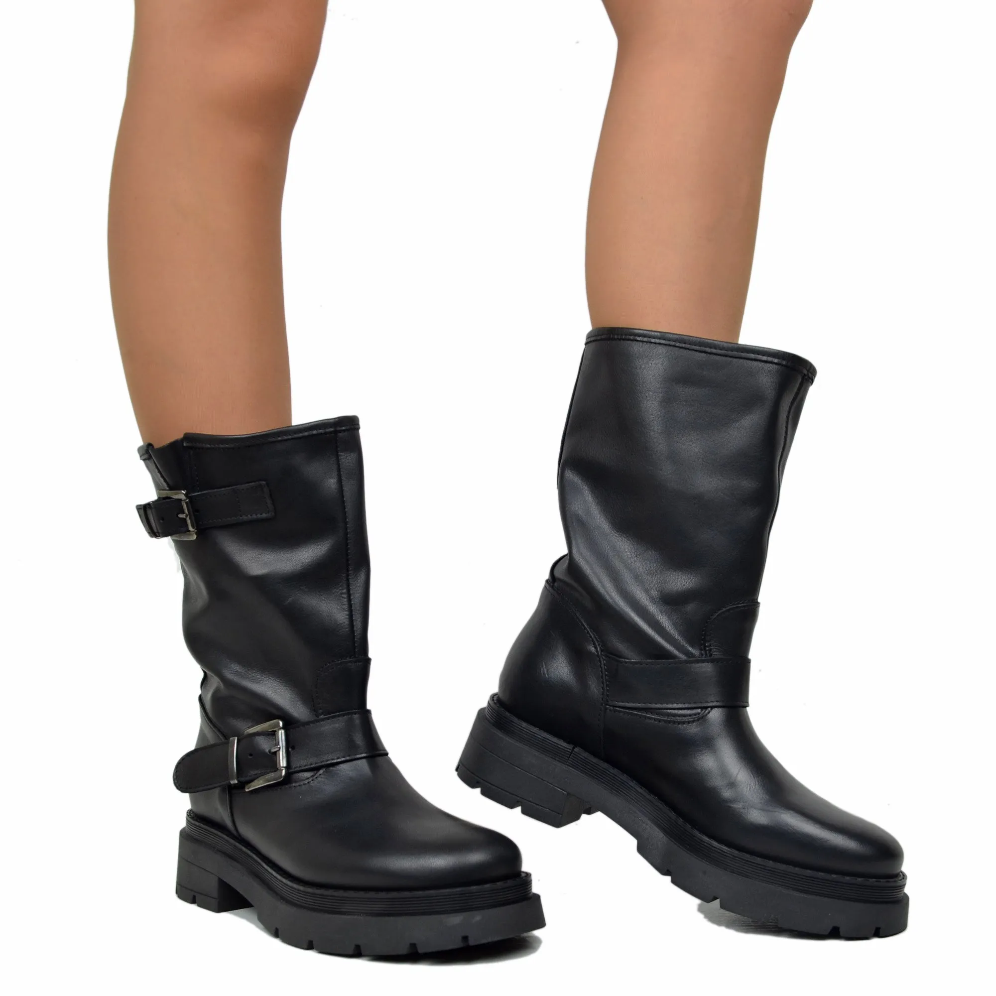 Stivali Donna Biker Neri in Pelle con Fibbie Made in italy