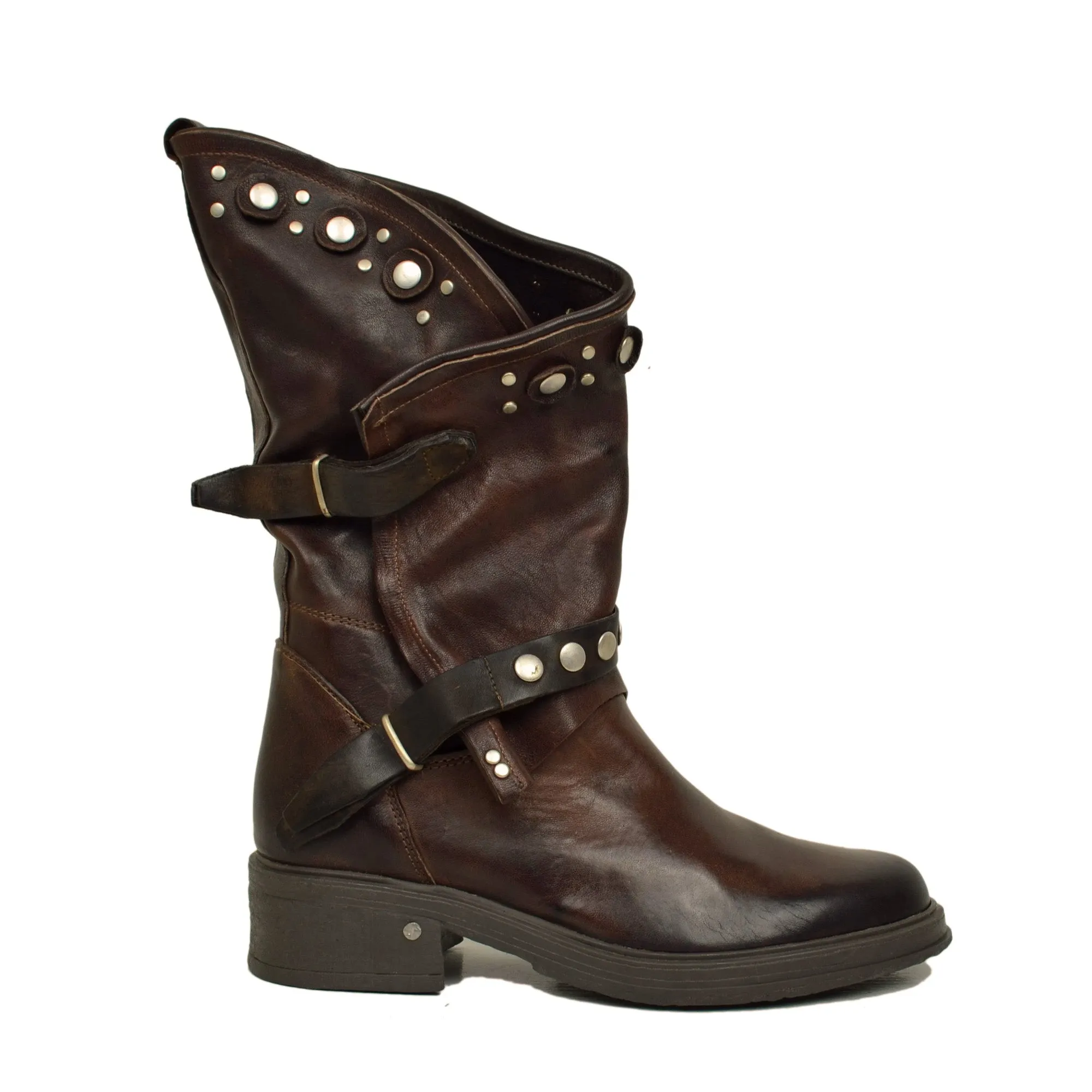 Stivali Donna Biker Testa di Moro Pelle Vintage con Borchie e Zip Made in Italy