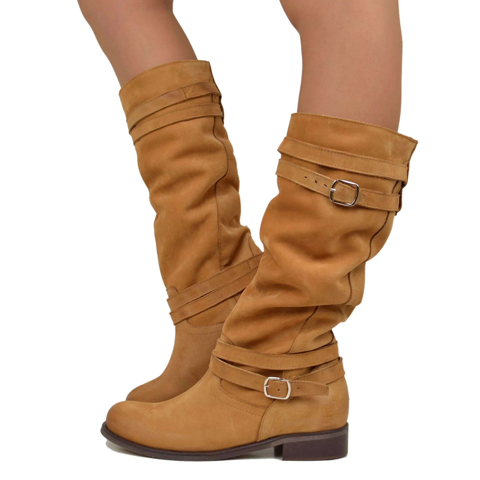 Stivali Donna Camperos Alti in Pelle Vintage Sfumata Cuoio