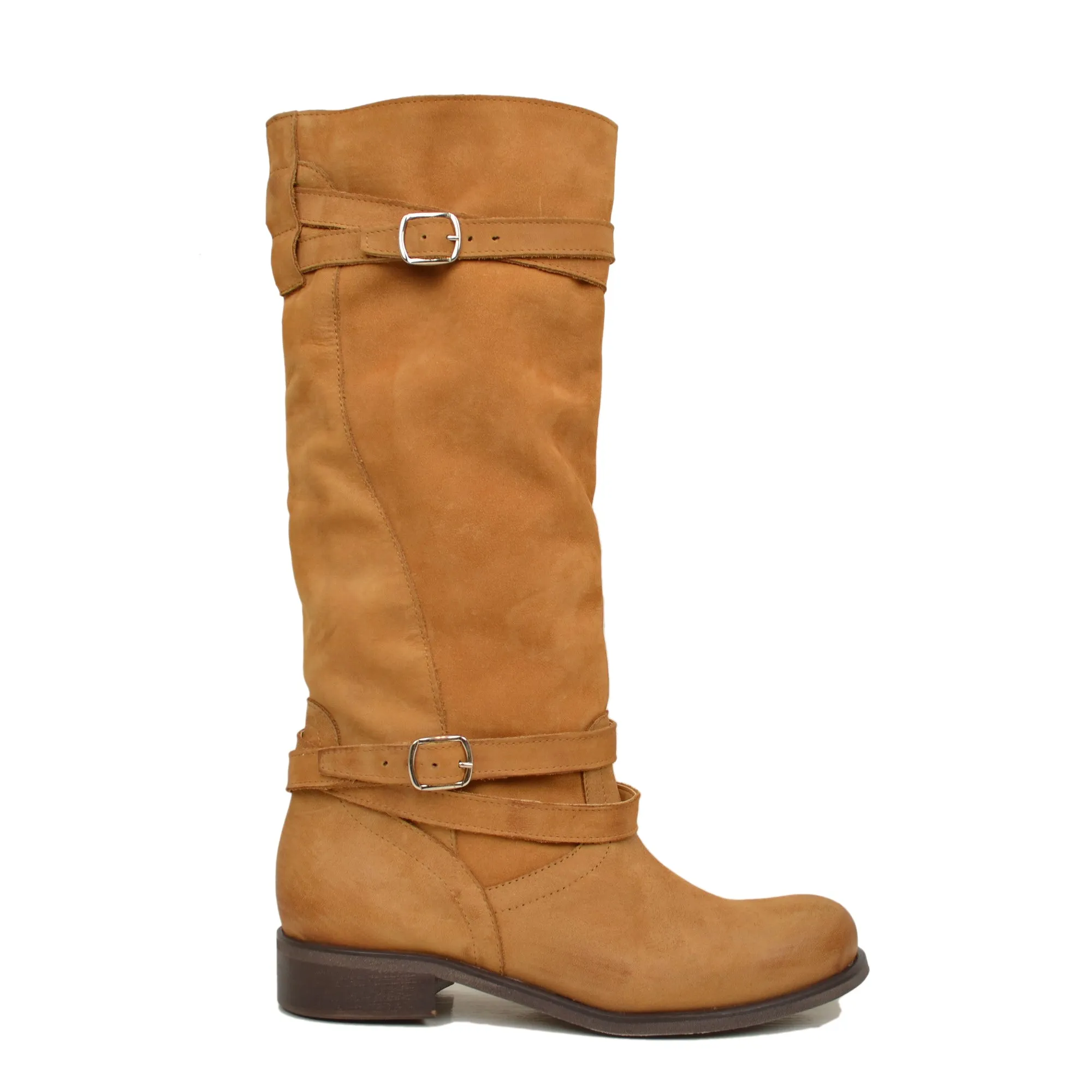 Stivali Donna Camperos Alti in Pelle Vintage Sfumata Cuoio