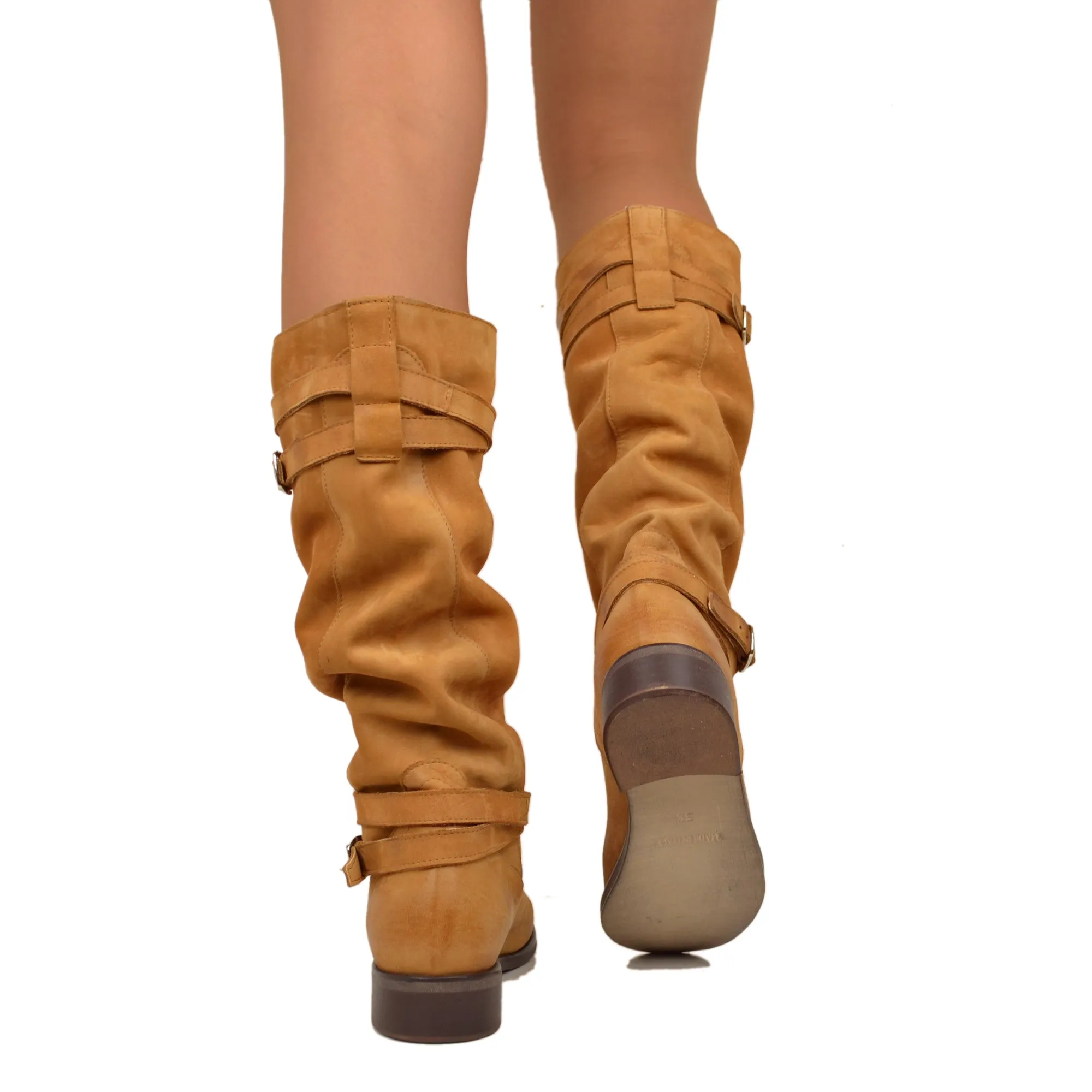 Stivali Donna Camperos Alti in Pelle Vintage Sfumata Cuoio
