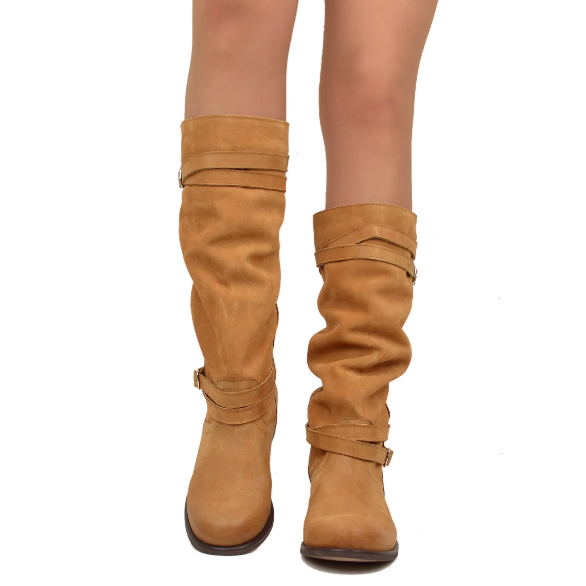 Stivali Donna Camperos Alti in Pelle Vintage Sfumata Cuoio