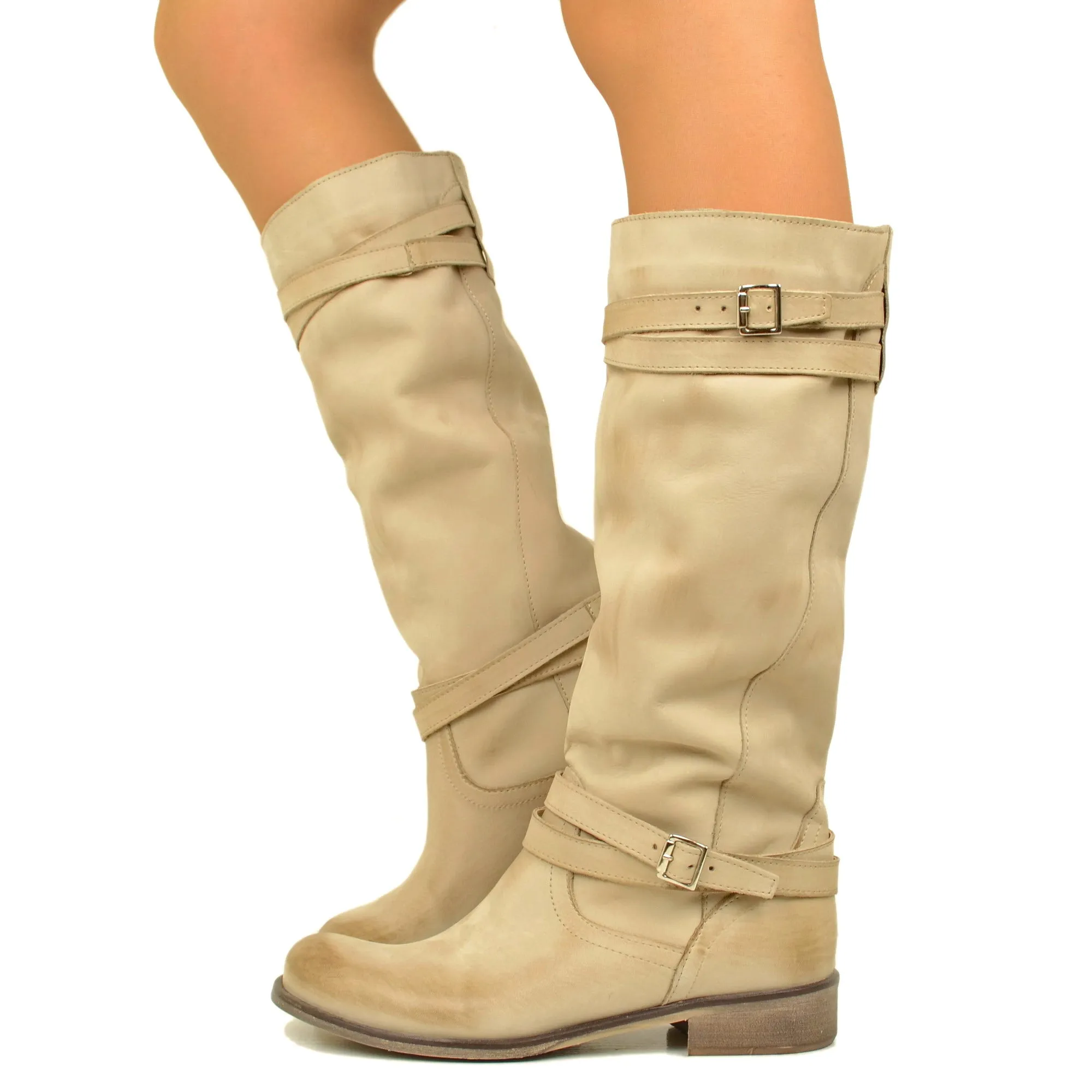 Stivali Donna Camperos Alti in Pelle Vintage Sfumata Taupe