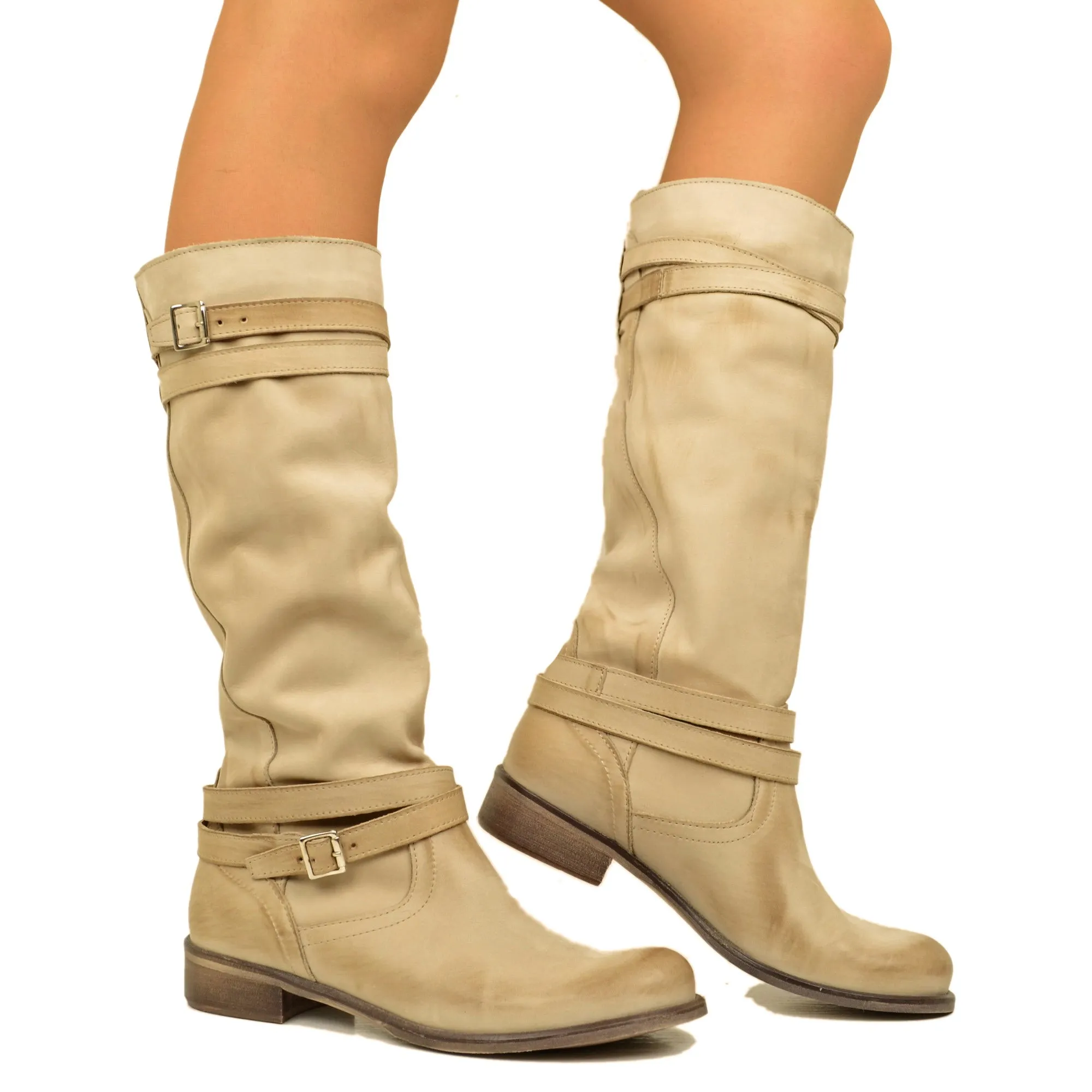 Stivali Donna Camperos Alti in Pelle Vintage Sfumata Taupe
