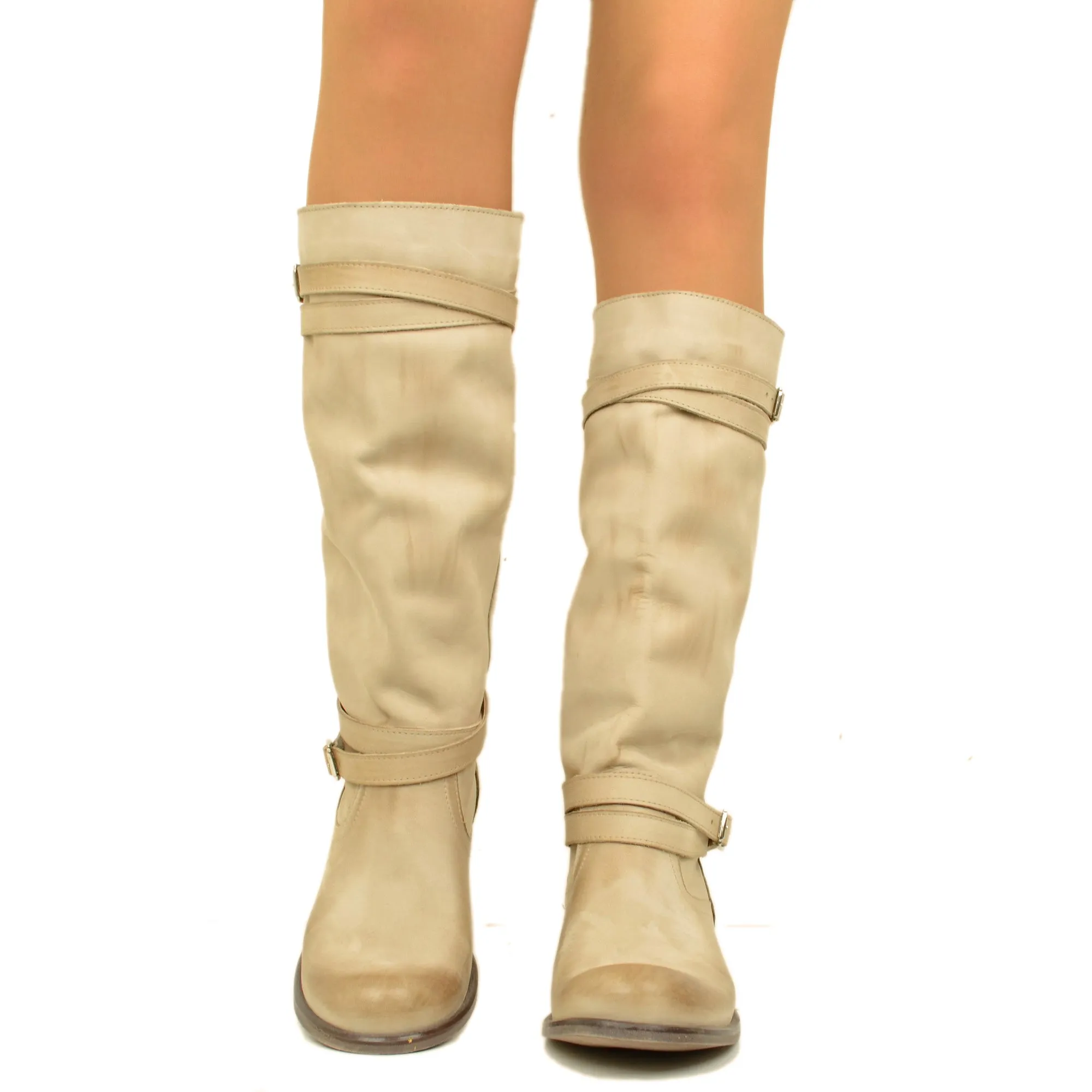 Stivali Donna Camperos Alti in Pelle Vintage Sfumata Taupe