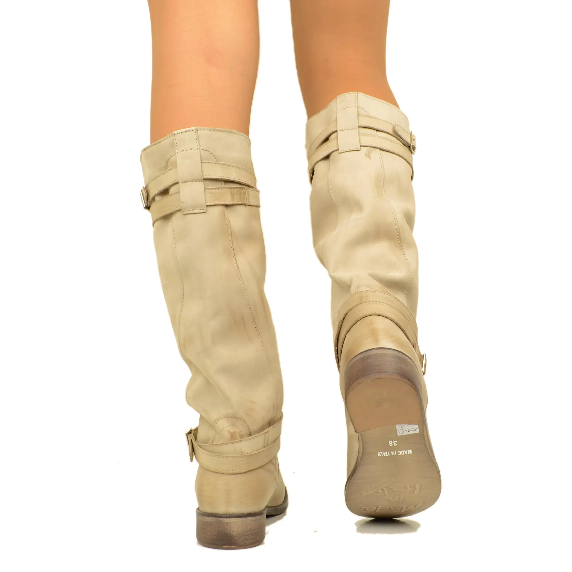 Stivali Donna Camperos Alti in Pelle Vintage Sfumata Taupe