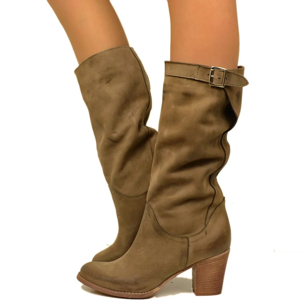 Stivali Donna in Pelle Nabuk Taupe con Tacco Made in Italy