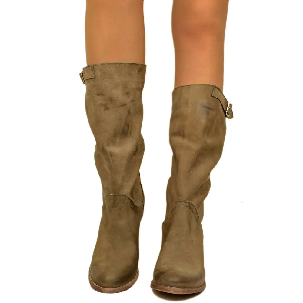 Stivali Donna in Pelle Nabuk Taupe con Tacco Made in Italy