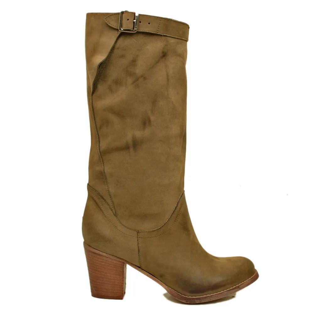Stivali Donna in Pelle Nabuk Taupe con Tacco Made in Italy