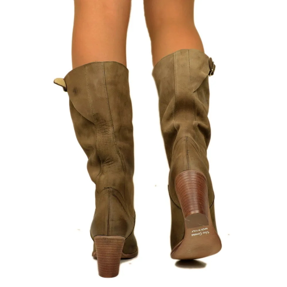Stivali Donna in Pelle Nabuk Taupe con Tacco Made in Italy