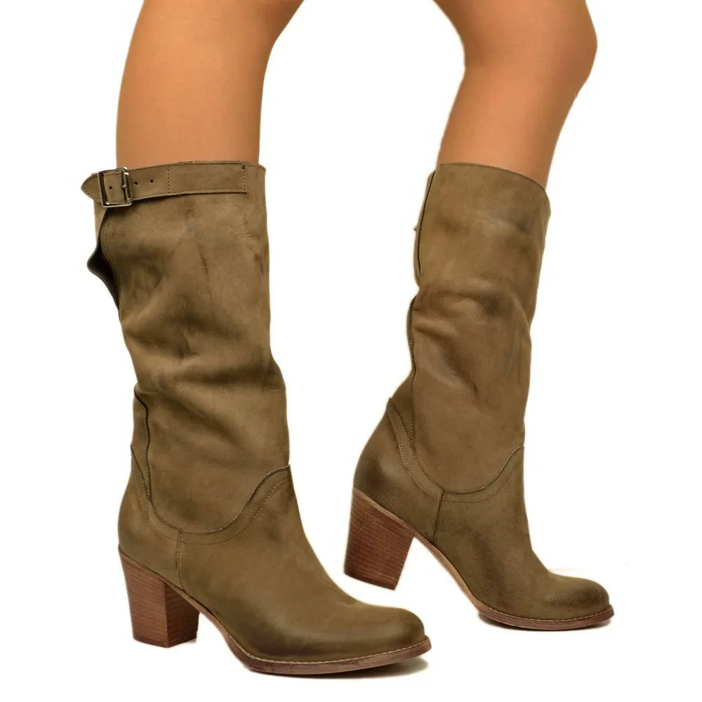 Stivali Donna in Pelle Nabuk Taupe con Tacco Made in Italy