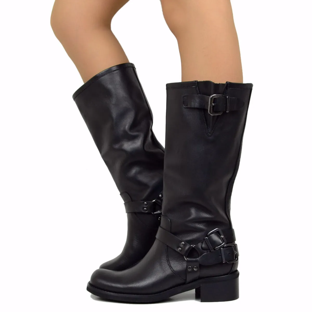 Stivali Donna in Pelle Neri con Punta Squadrata Made in Italy