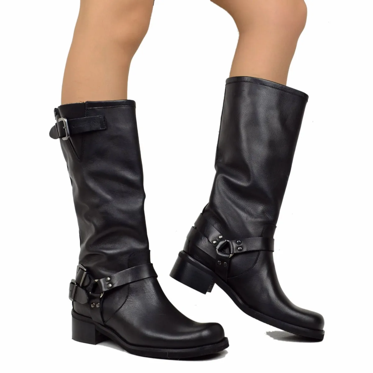 Stivali Donna in Pelle Neri con Punta Squadrata Made in Italy