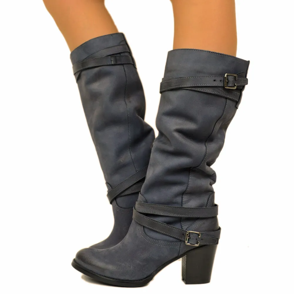 Stivali Donna in Vera Pelle Nabuk Blu Made in Italy