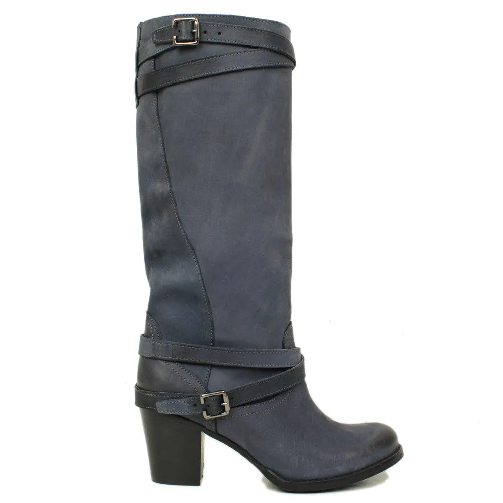 Stivali Donna in Vera Pelle Nabuk Blu Made in Italy