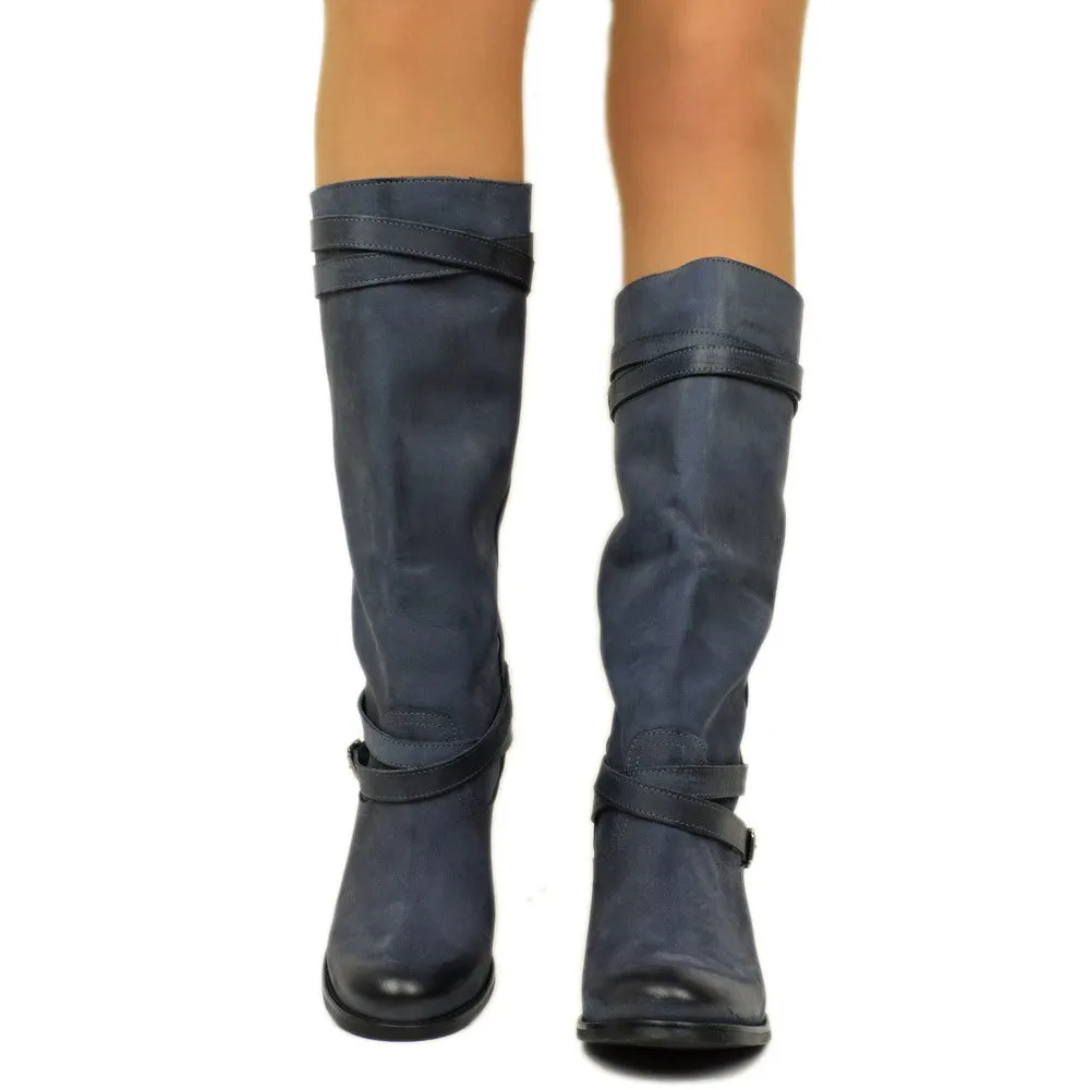 Stivali Donna in Vera Pelle Nabuk Blu Made in Italy