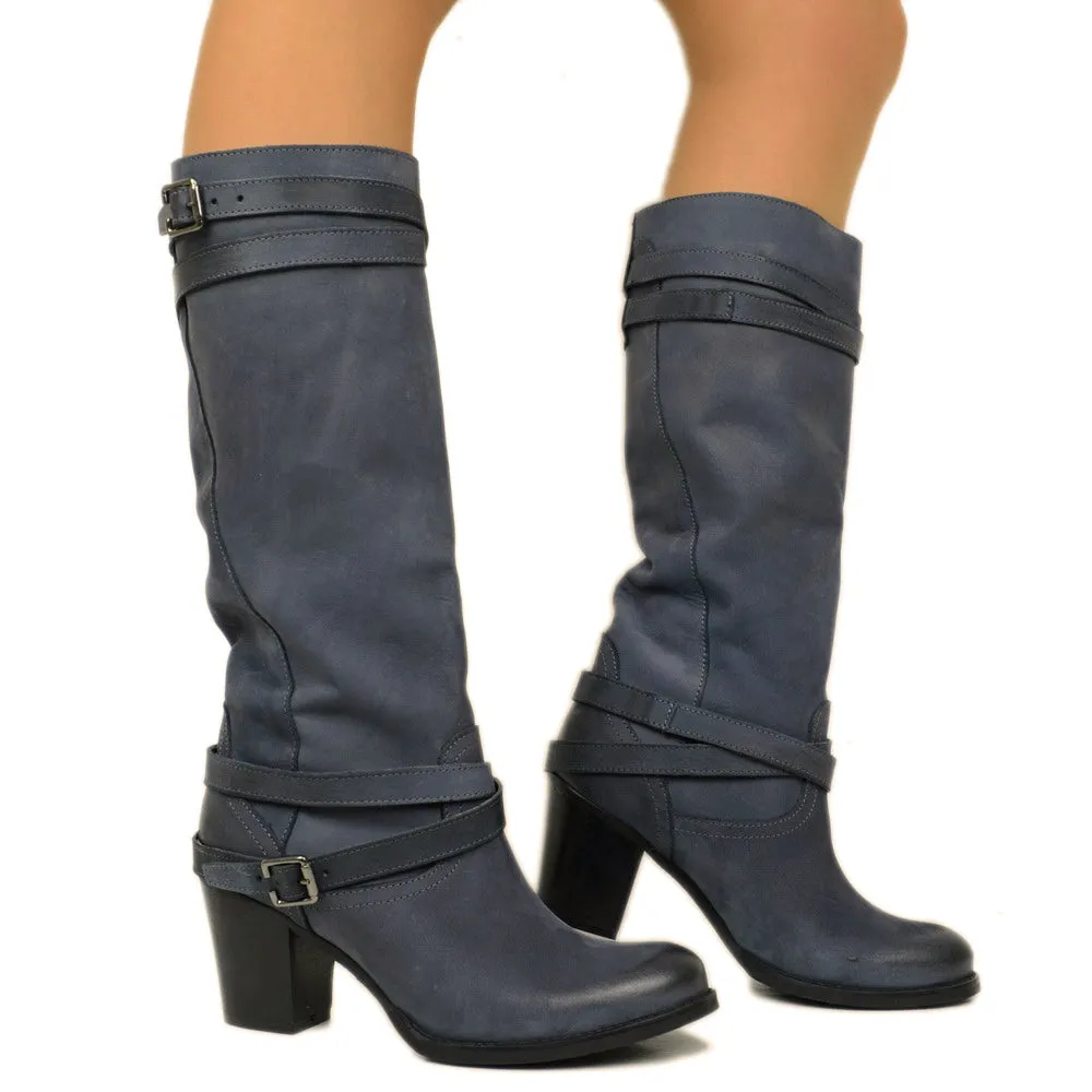 Stivali Donna in Vera Pelle Nabuk Blu Made in Italy