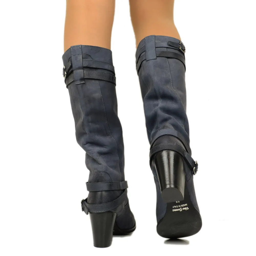 Stivali Donna in Vera Pelle Nabuk Blu Made in Italy