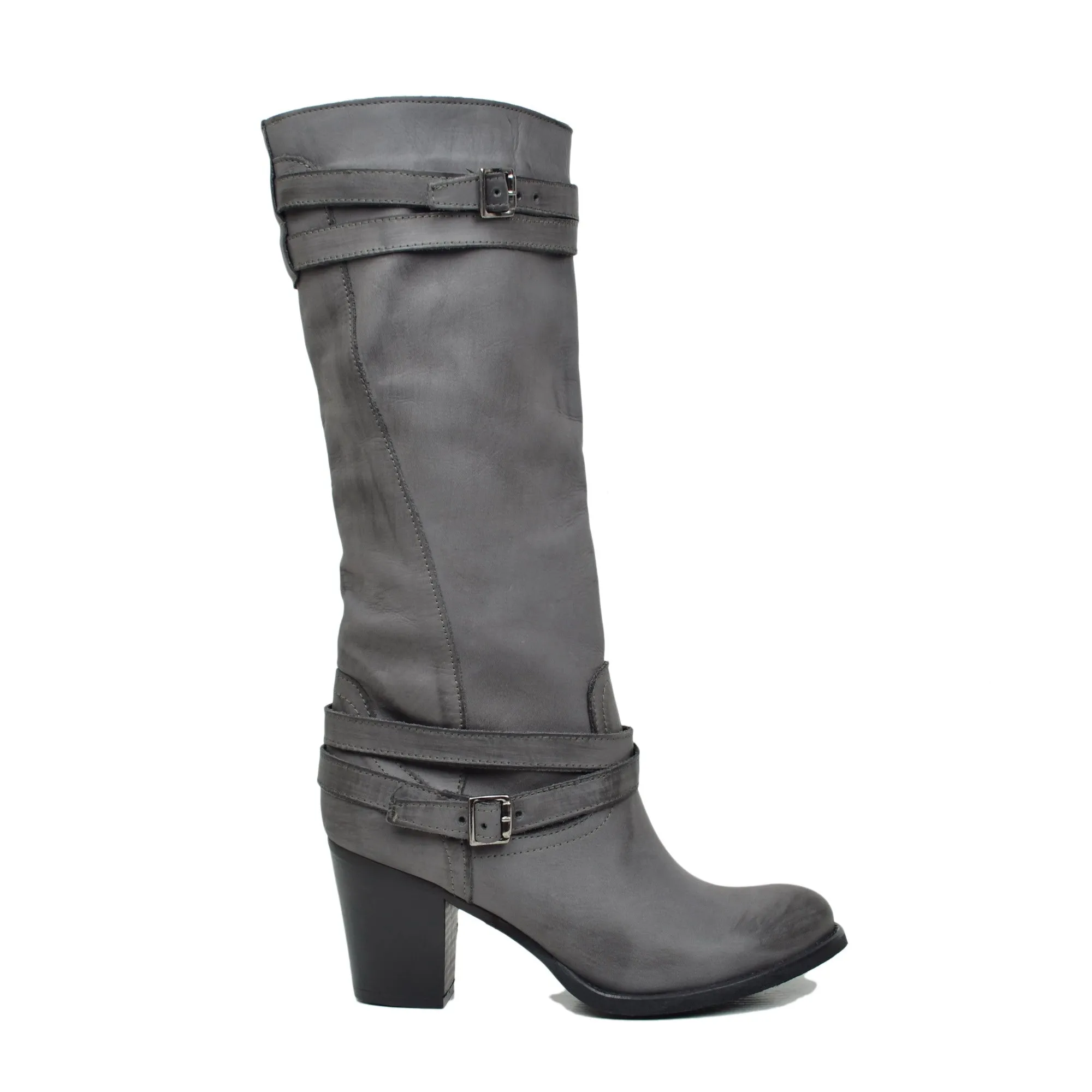 Stivali Donna in Vera Pelle Nabuk con Tacco Medio Grigio Scuro