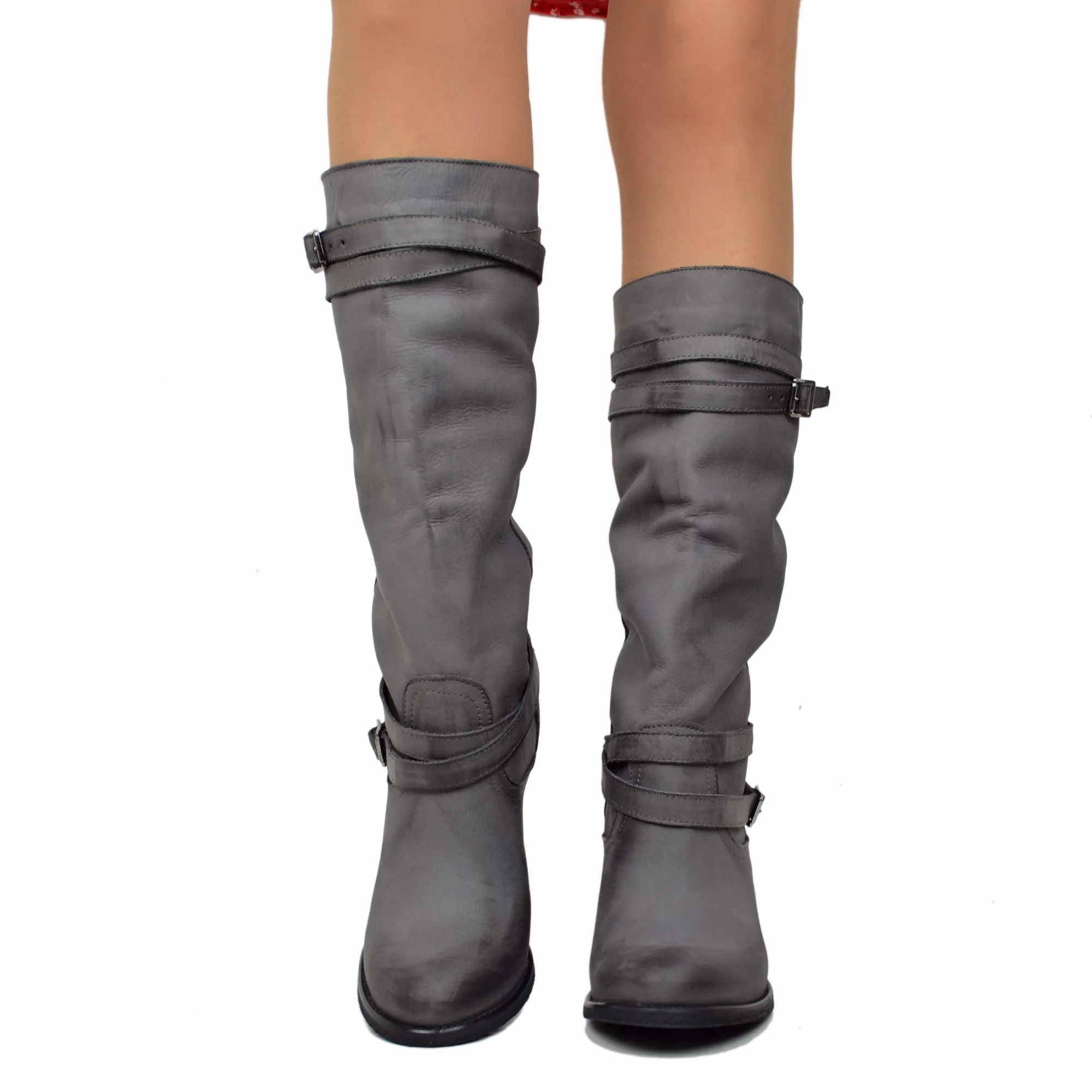 Stivali Donna in Vera Pelle Nabuk con Tacco Medio Grigio Scuro