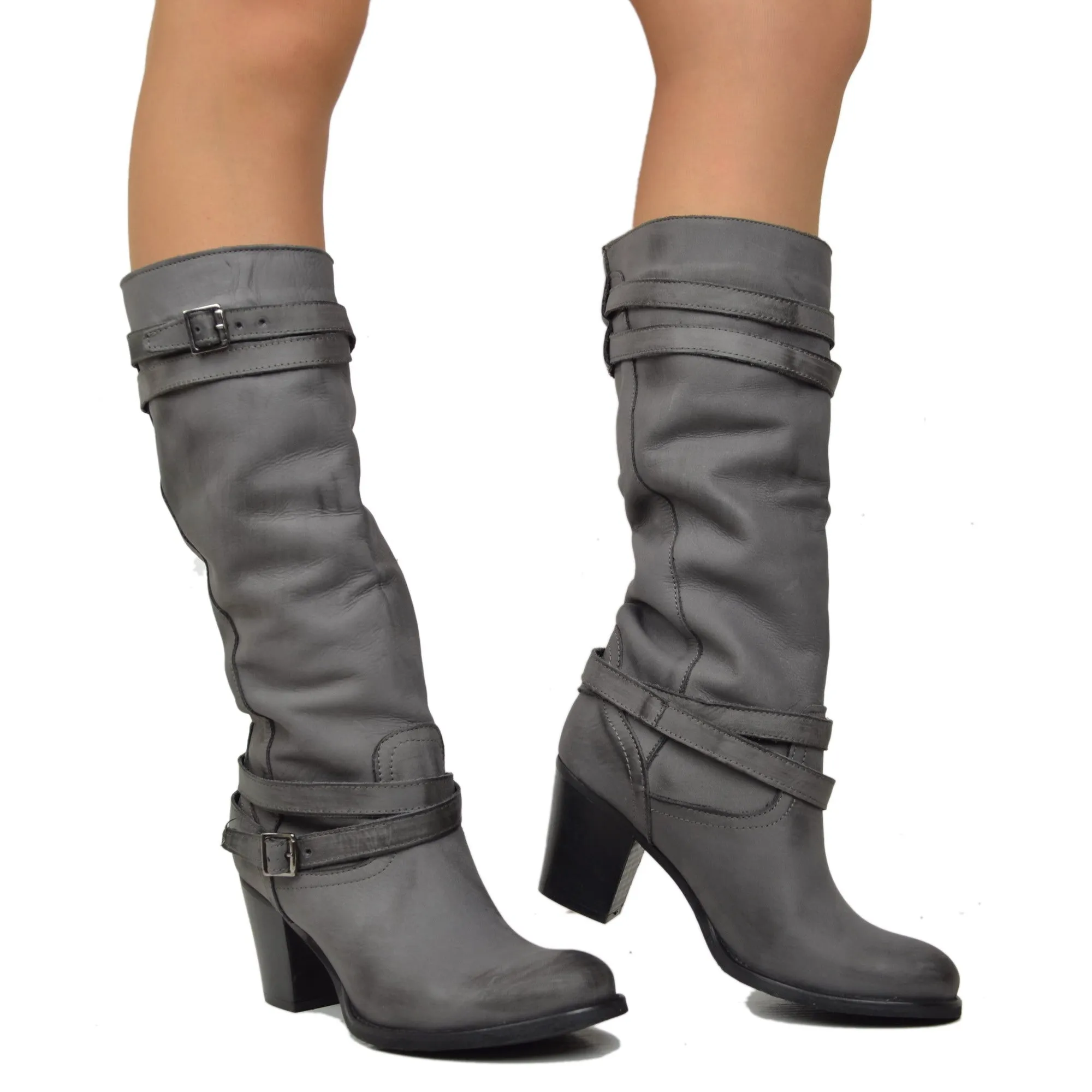 Stivali Donna in Vera Pelle Nabuk con Tacco Medio Grigio Scuro