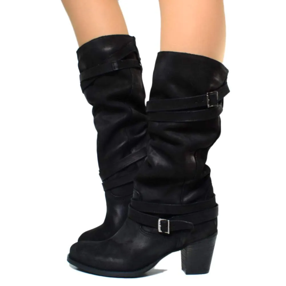 Stivali Donna in Vera Pelle Nabuk Neri Made in Italy