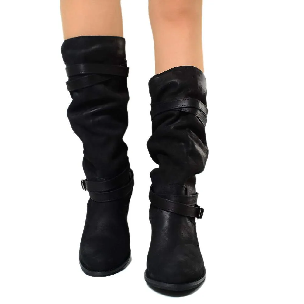 Stivali Donna in Vera Pelle Nabuk Neri Made in Italy