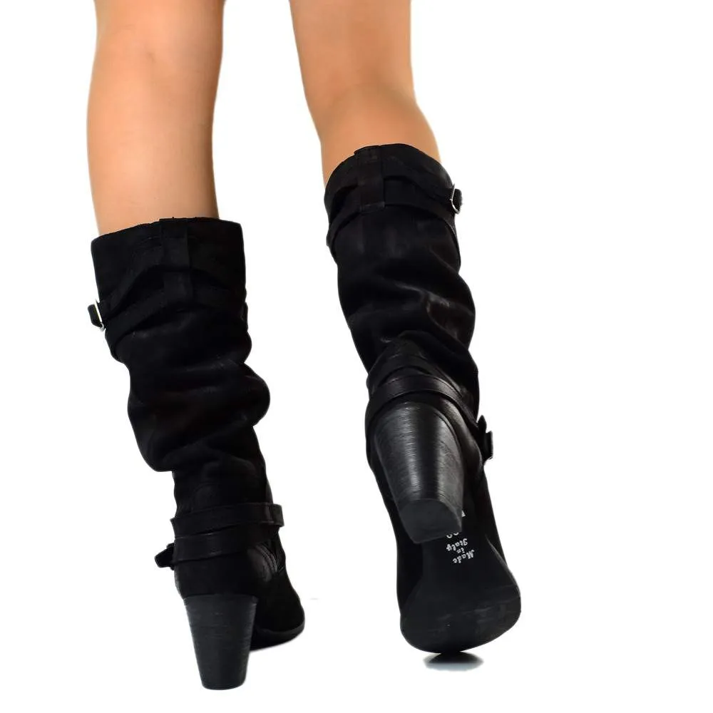 Stivali Donna in Vera Pelle Nabuk Neri Made in Italy